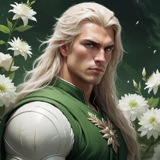 Prompt: guy, strong, handsome, king, white, green, tall, serious, long hair, thunderbolt, flowers