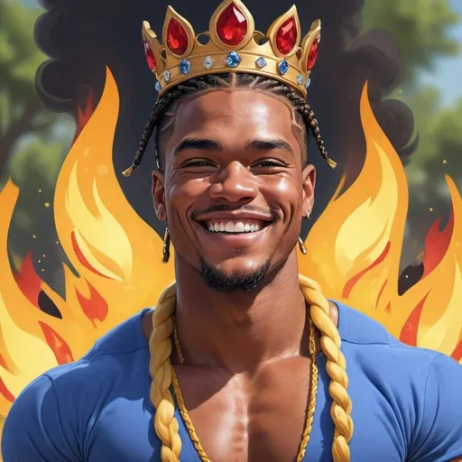 Prompt: guy, handsome, strong, king, blue, yellow, red, smile, muscles, big, himbo, braids, crystals, sun, apples, fire, 