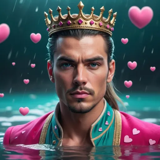 Prompt: guy, strong, handsome, king, white, pink, teal, tall, ponytail, serious, love, hearts, water, thunderbolt