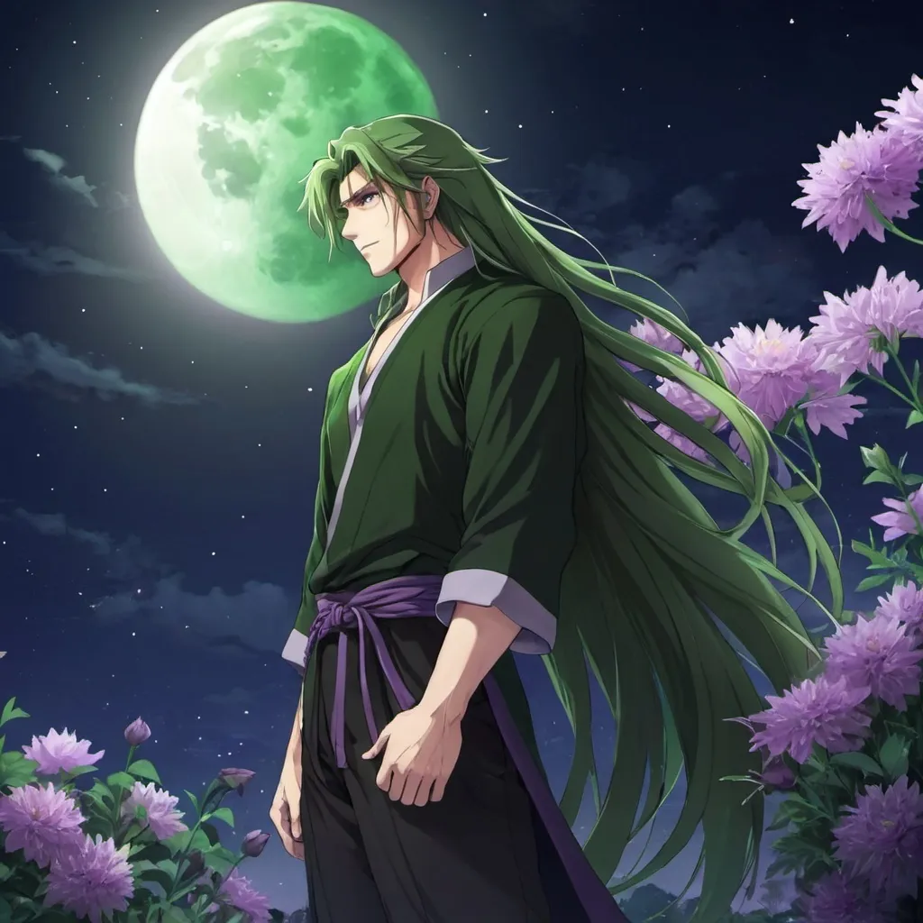 Prompt: guy, strong, handsome, king, green, violet, tall, long hair, moon, flowers, night, anime