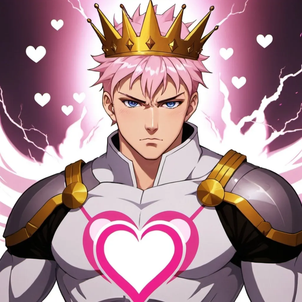 Prompt: guy, strong, handsome, king, white, pink, serious, love, hearts, thunderbolt, anime