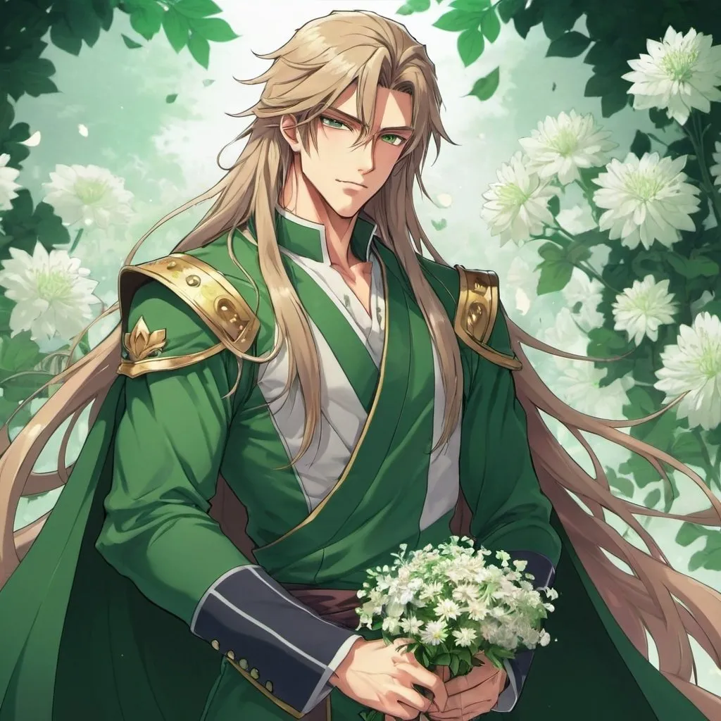 Prompt: guy, handsome, strong, king, green, tall, long hair, flowers, anime