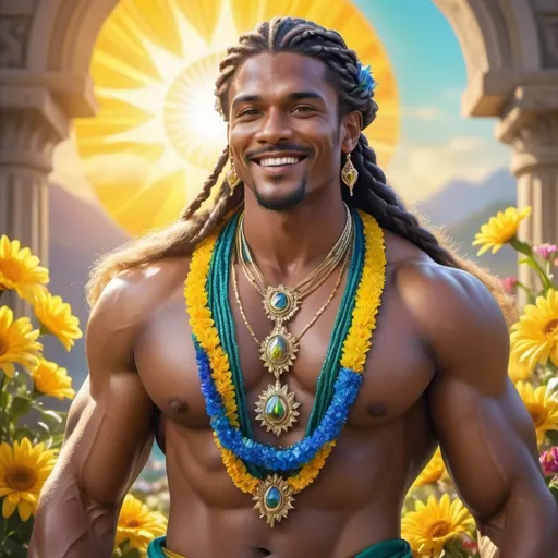 Prompt:  guy, strong, handsome, king, yellow, green, blue, tall, big, smile, muscles, long hair, braids, crystals, sun, flowers