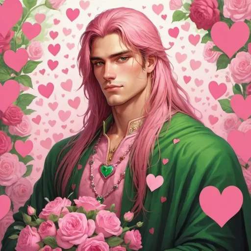 Prompt: guy, strong, handsome, king, pink, green, tall, long hair, love, hearts, flowers