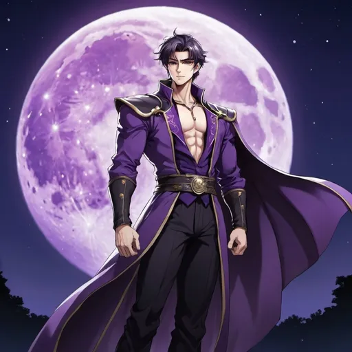 Prompt: guy, handsome, strong, king, tall, moon, night, violet, anime