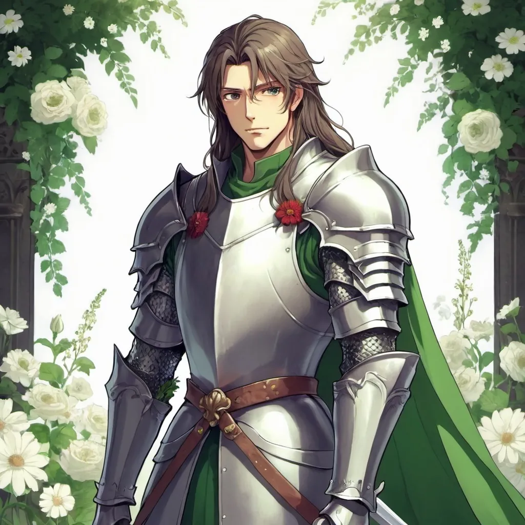 Prompt: guy, strong, handsome, king, knight, green, tall, long hair, flowers, anime