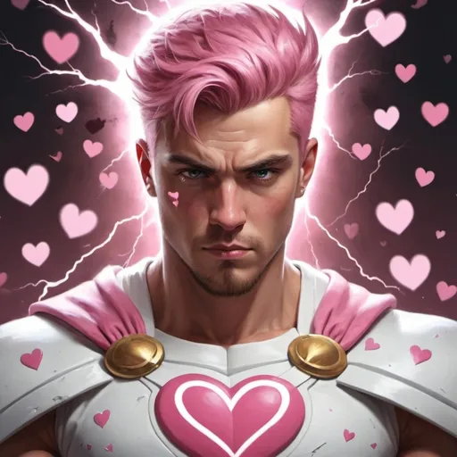 Prompt: guy, strong, handsome, king, white, pink, serious, love, hearts, thunderbolt