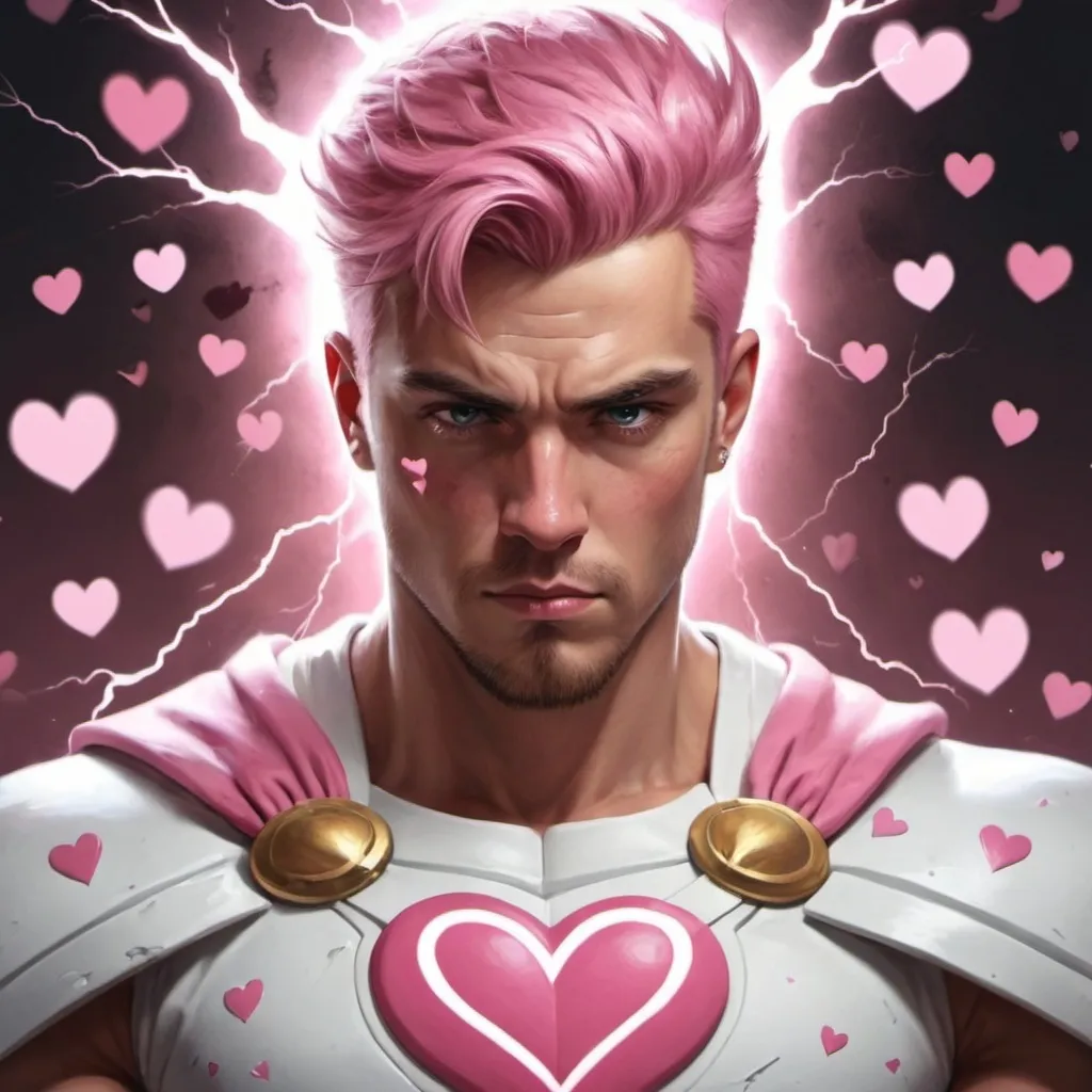 Prompt: guy, strong, handsome, king, white, pink, serious, love, hearts, thunderbolt