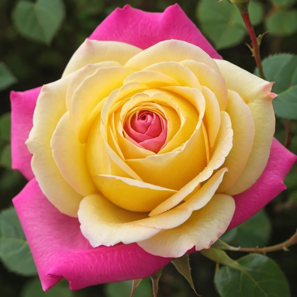 Prompt: a pink rose and a yellow rose merging into one