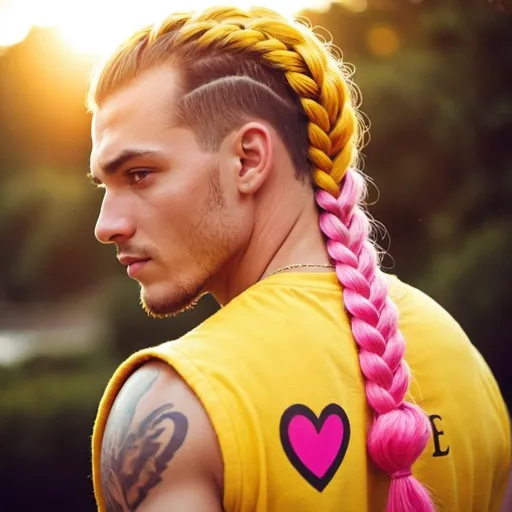 Prompt: guy, strong, handsome, king, yellow, pink, braids, love, sun, hearts