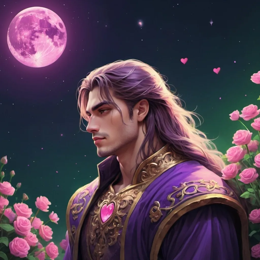 Prompt: guy, strong, handsome, king, violet, pink, green, tall, long hair, love, hearts, flowers, moon, night