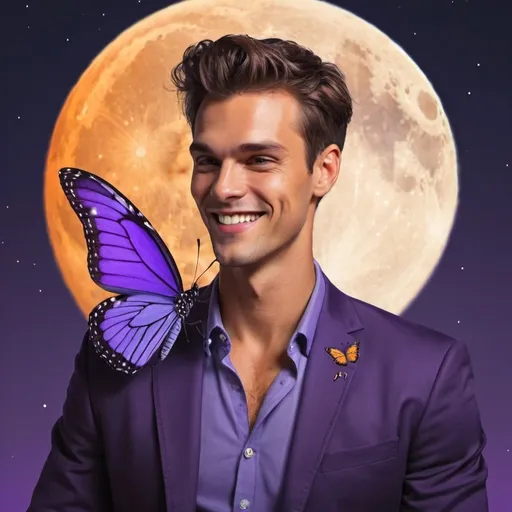 Prompt: guy, handsome, strong, king, smile, happy, tall, butterfly, moon, night, orange, violet