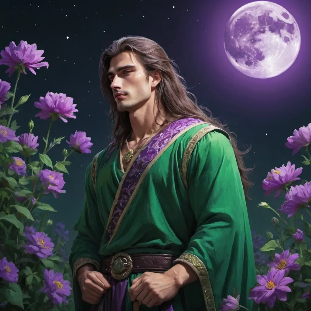 Prompt: guy, strong, handsome, king, green, violet, tall, long hair, moon, flowers, night