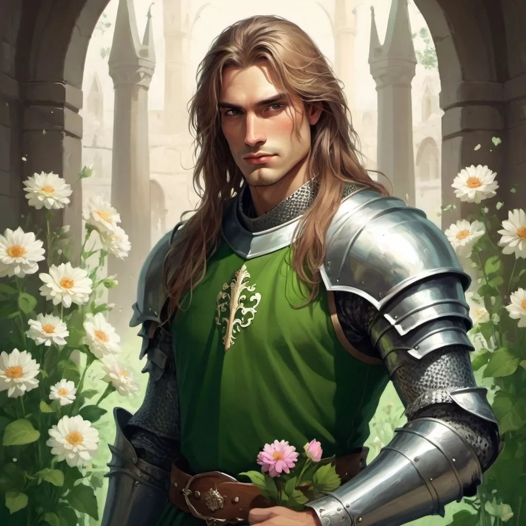 Prompt: guy, strong, handsome, king, knight, green, tall, long hair, flowers