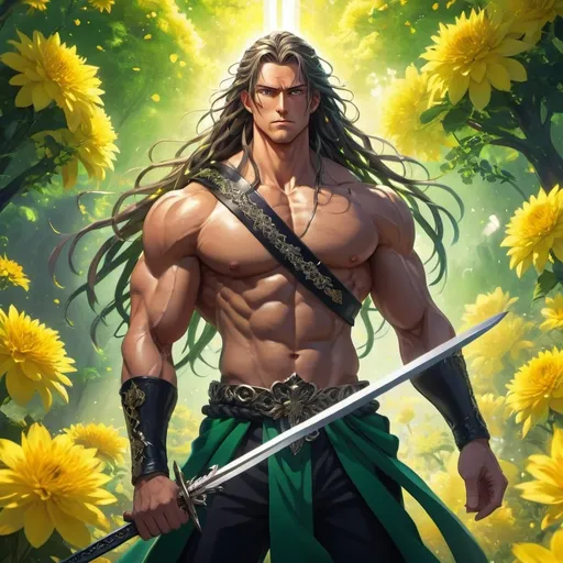 Prompt: anime guy, strong, handsome, king, yellow, black, green, tall, big, long hair, long wavy hair, braids, muscle, sword, sun, flowers