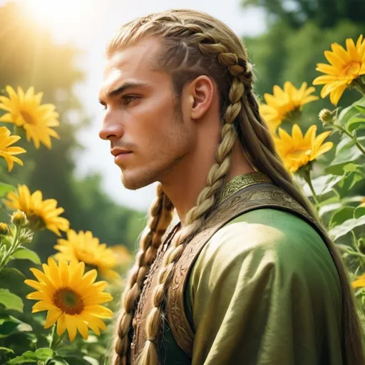 Prompt: guy, strong, handsome, king, yellow, green, tall, long hair, braids, sun, flowers