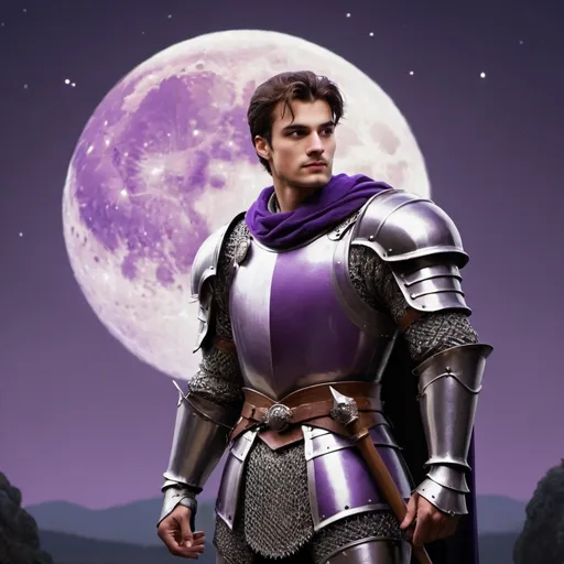 Prompt: guy, strong, handsome, king, knight, violet, tall, moon, night