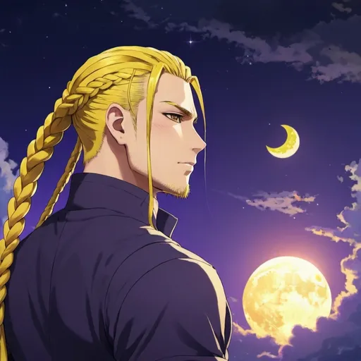 Prompt: guy, strong, handsome, king, yellow, violet, tall, braids, sun, moon, night, anime