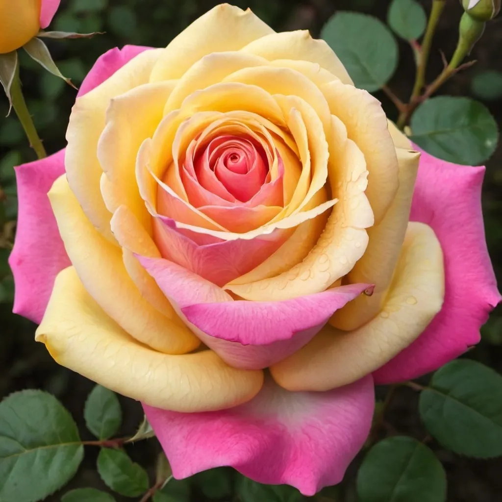 Prompt: a pink rose and a yellow rose merging together