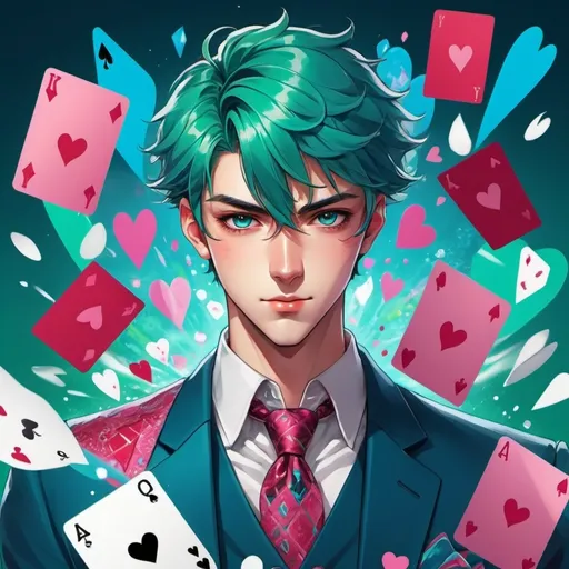 Prompt: anime guy, strong, handsome, cards, ultimate player, blue, red, pink, green, spades, hearts, diamonds, clubs