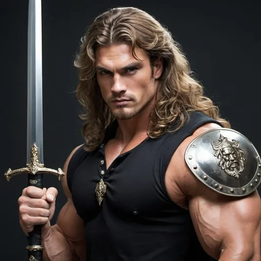 Prompt: guy, strong, handsome, king, big, muscle, long wavy hair, black, sword
