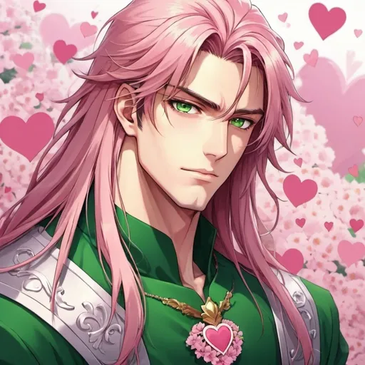 Prompt: guy, strong, handsome, king, pink, green, tall, long hair, love, hearts, flowers, anime