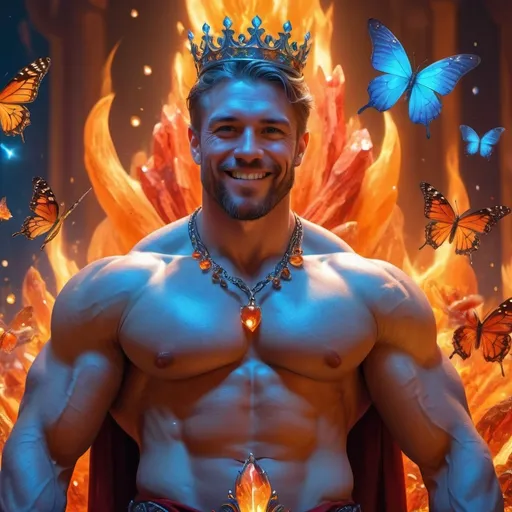 Prompt: guy, strong, handsome, king, orange, blue, red, big, muscles, himbo, happy, smile, crystals, fire, butterfly, apples