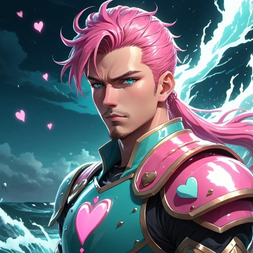 Prompt: guy, strong, handsome, king, white, pink, teal, tall, ponytail, serious, love, hearts, water, thunderbolt, anime