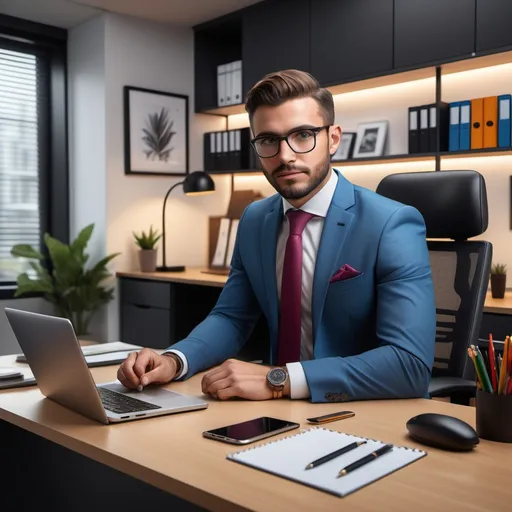 Prompt: (photorealistic), professional office setting, business attire (suit and tie), focused expression, casual desk elements like a laptop and stationery, vibrant colors, warm ambient lighting, high attention to detail, clean and organized workspace, sophisticated atmosphere, ultra-detailed, 4K quality, captures the essence of a diligent work environment.