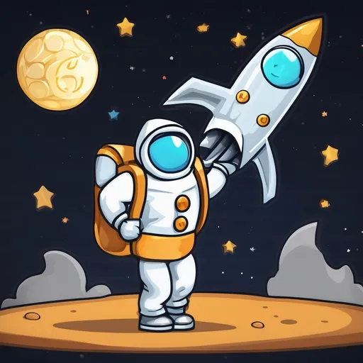 Prompt: Create the character "Moon Bag". Moon Bag is a animated character that looks symbolizes cryptocurrency with parabolic gains going to the moon. Show a rocket and a moon