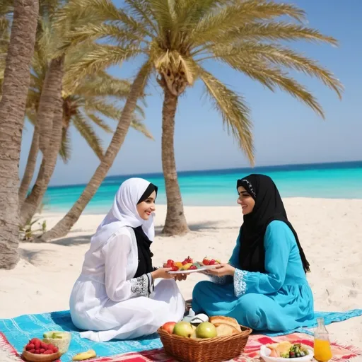 Prompt: Beautiful Arabic women in traditional clothing on a bright sunny day on a tropical secluded Island picnicking at the beach