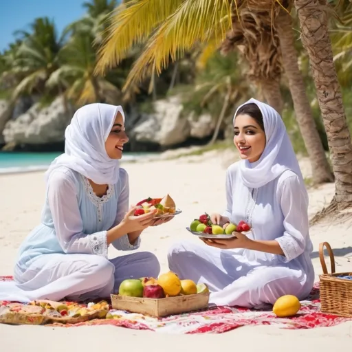 Prompt: Beautiful Arabic women in traditional clothing on a bright sunny day on a tropical secluded Island picnicking at the beach