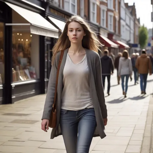 Prompt: Tall young woman walking down the high street, detailed clothing, realistic, natural lighting