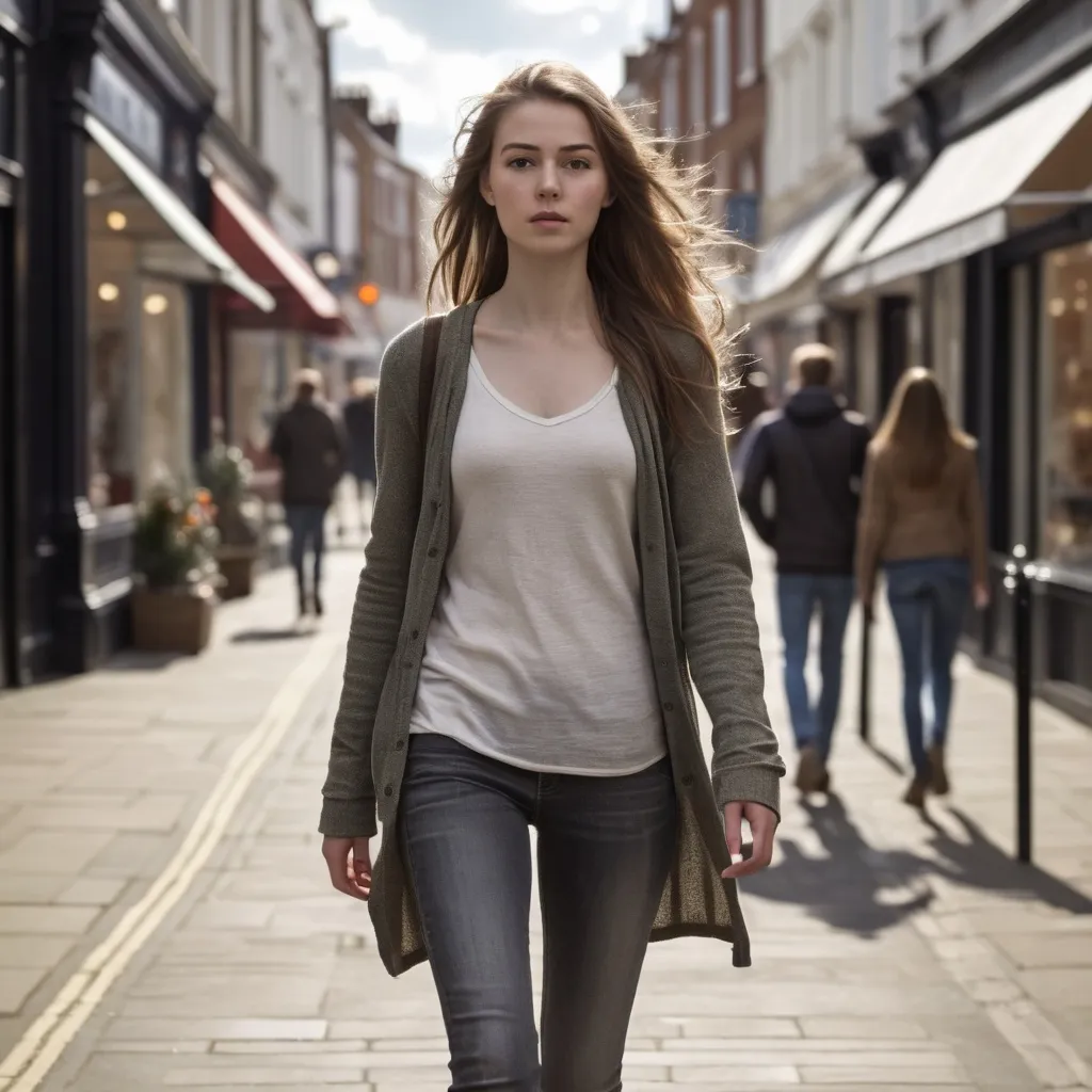 Prompt: Tall young woman walking down the high street, detailed clothing, realistic, natural lighting