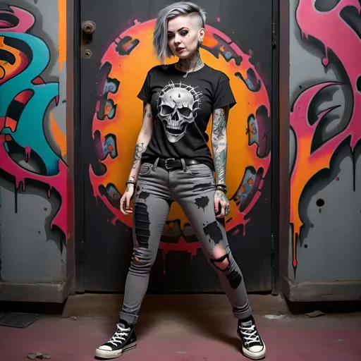 Prompt: realistic, dystopian alt woman, tattoos, heavy-set, black “Tyrant of Death” shirt, gray jeans with holes, black converse sneakers, dancing aggressively, vibrant dystopian background