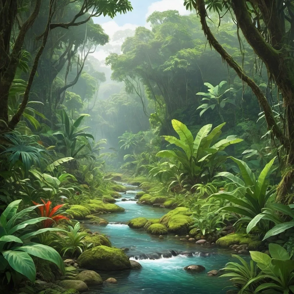 Prompt: Bright dense jungle scene with stream.
