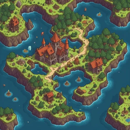 Prompt: Pixel art style: huge 2d top down fantasy world map