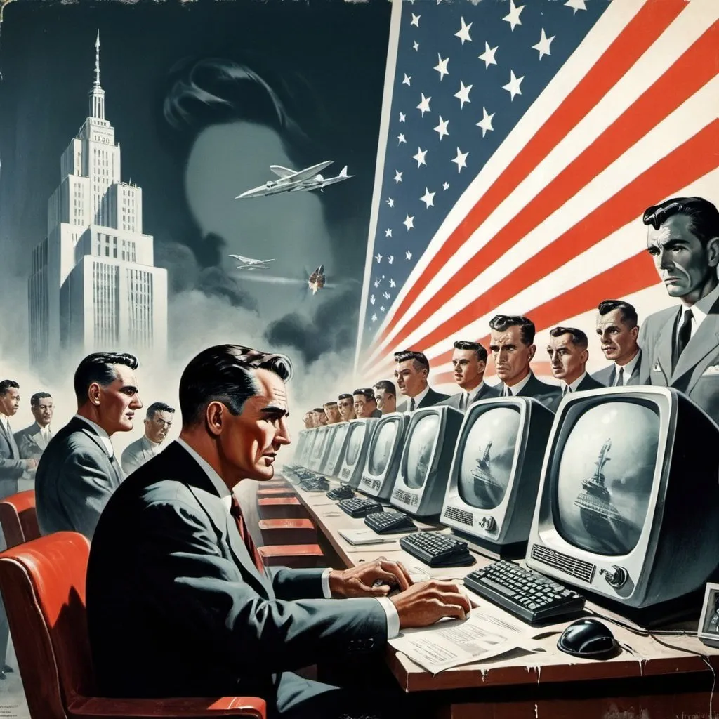 Prompt: Dystopian, poster, 50s, concept art, big internet business, and USA cold war propaganda.
