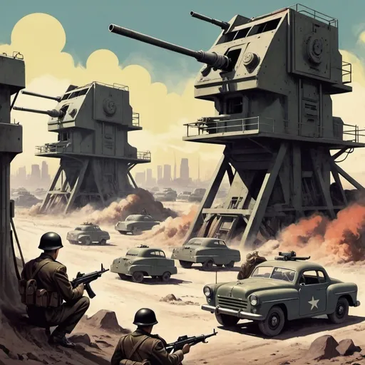 Prompt: Dystopian , poster, 50s, concept art,  machine gun emplacement, and 50's propaganda.


