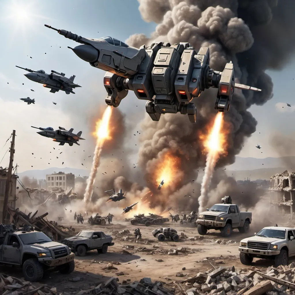 Prompt: Battle-tech Battlemechs on a field of rubble that was once a city, smoke rising on the horizon drop pod in the sky, under attack by fighter jets.