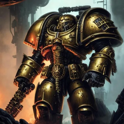 Prompt: High detail, complex, Art station,Bold, space marine, tall, gold armor,foggy, dark atmosphere