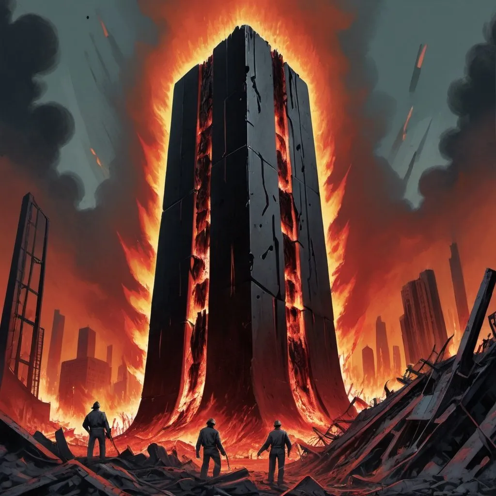 Prompt: Dystopian , poster, 50s, concept art, Bloody Boodies around a strange broken monolith of panels and dark tech, huge dark machine covered in flames. and USA 50's propaganda.

