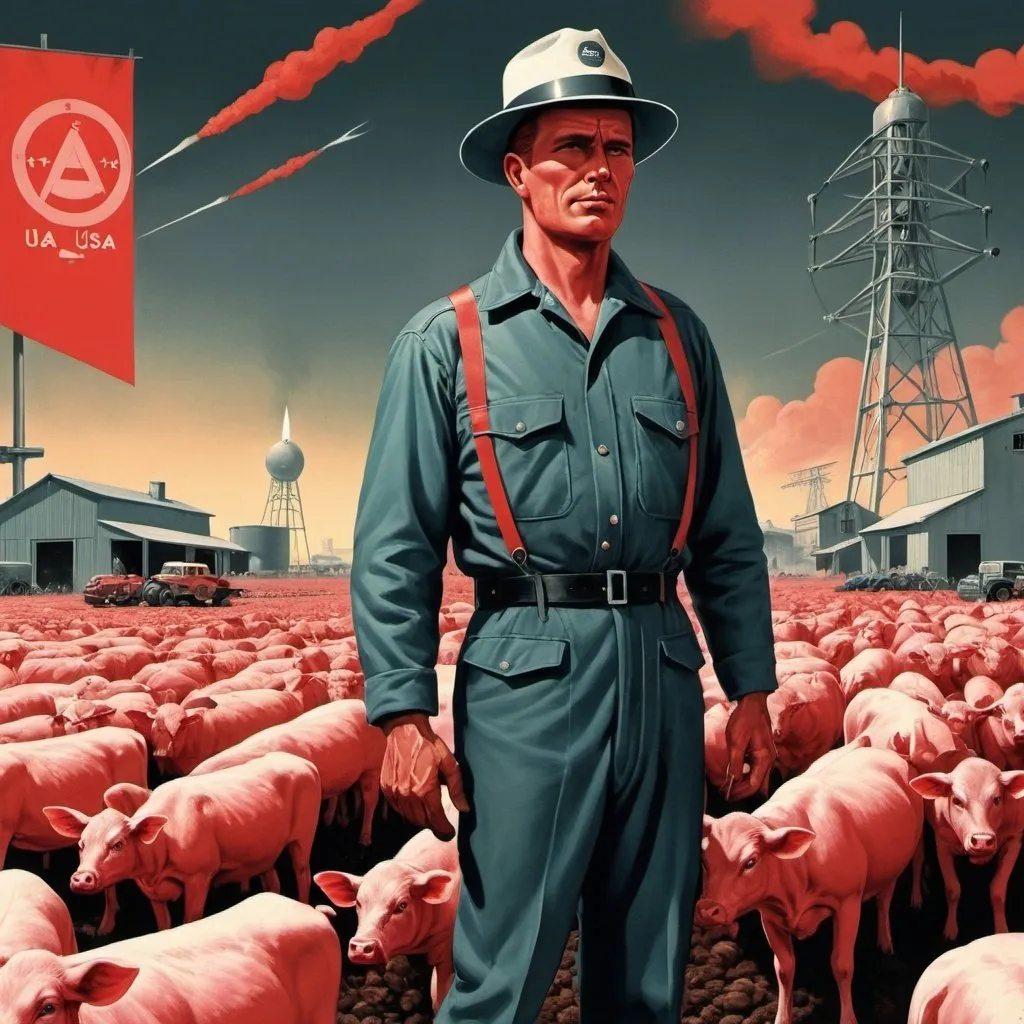 Prompt: Dystopian, poster, 50s, concept art, synth meat farmers, and USA cold war propaganda.

