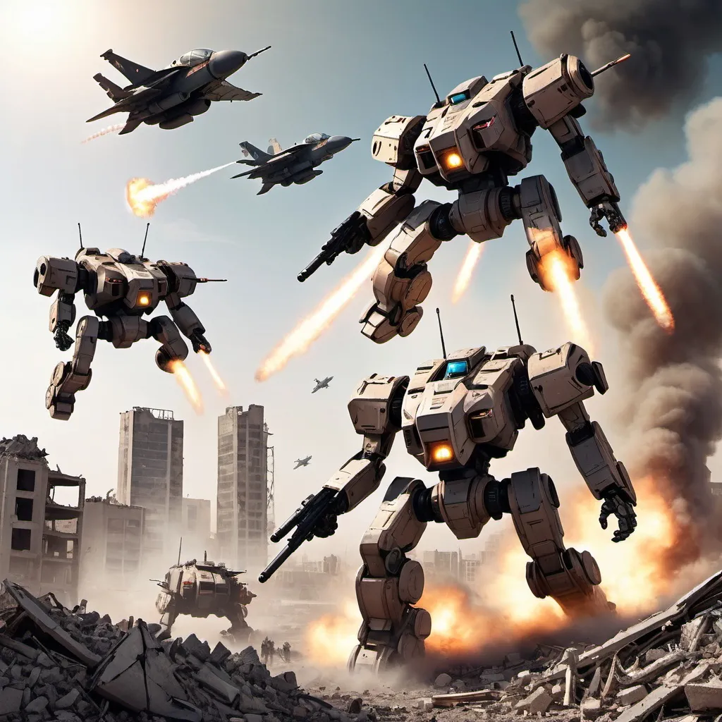 Prompt: 4 Battle-tech Battlemech's on a field of rubble that was once a city, smoke rising on the horizon drop pod in the sky, under attack by fighter jets.