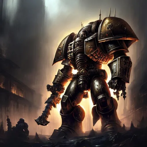 Prompt: Realism, shifting perspective, dynamic lighting, Exotic ,High detail, complex, Art station,Bold, space marine, tall, gold armor,foggy, dark atmosphere, 40k, gritty, imperial, deadly, huge, towering, imposing