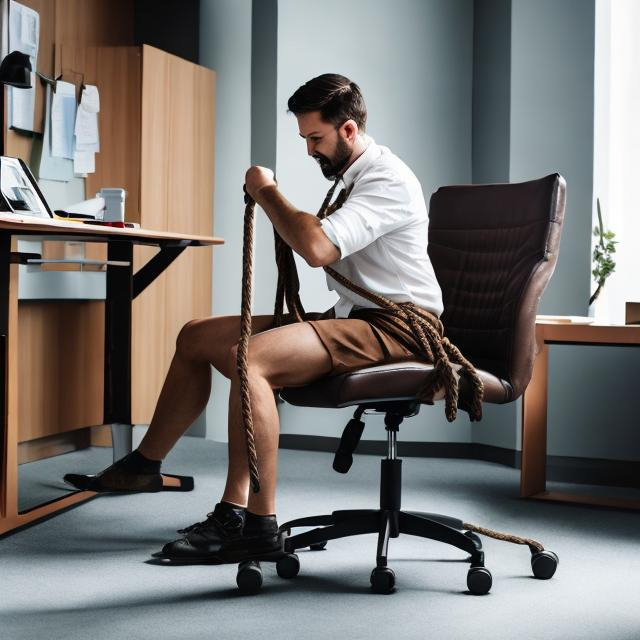 Prompt: man tied with brown rope to a modern office chair
