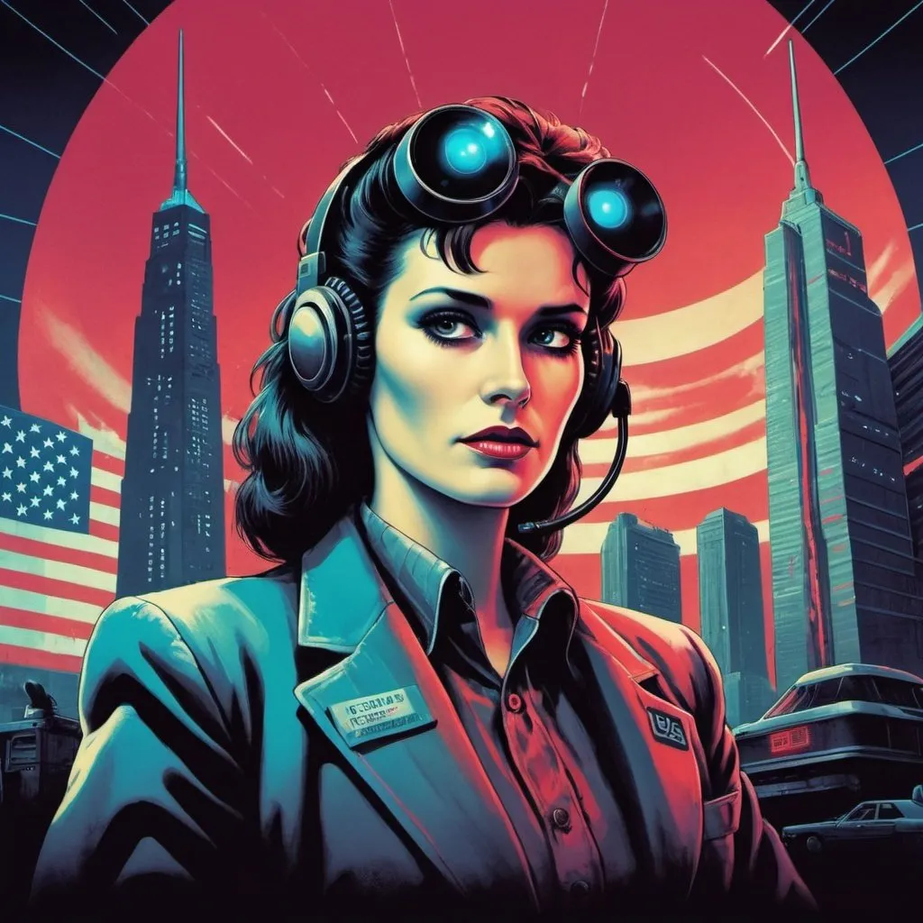 Prompt: Dystopian, poster, 80s, concept art, telecommunications internet business, and USA 80's propaganda.
