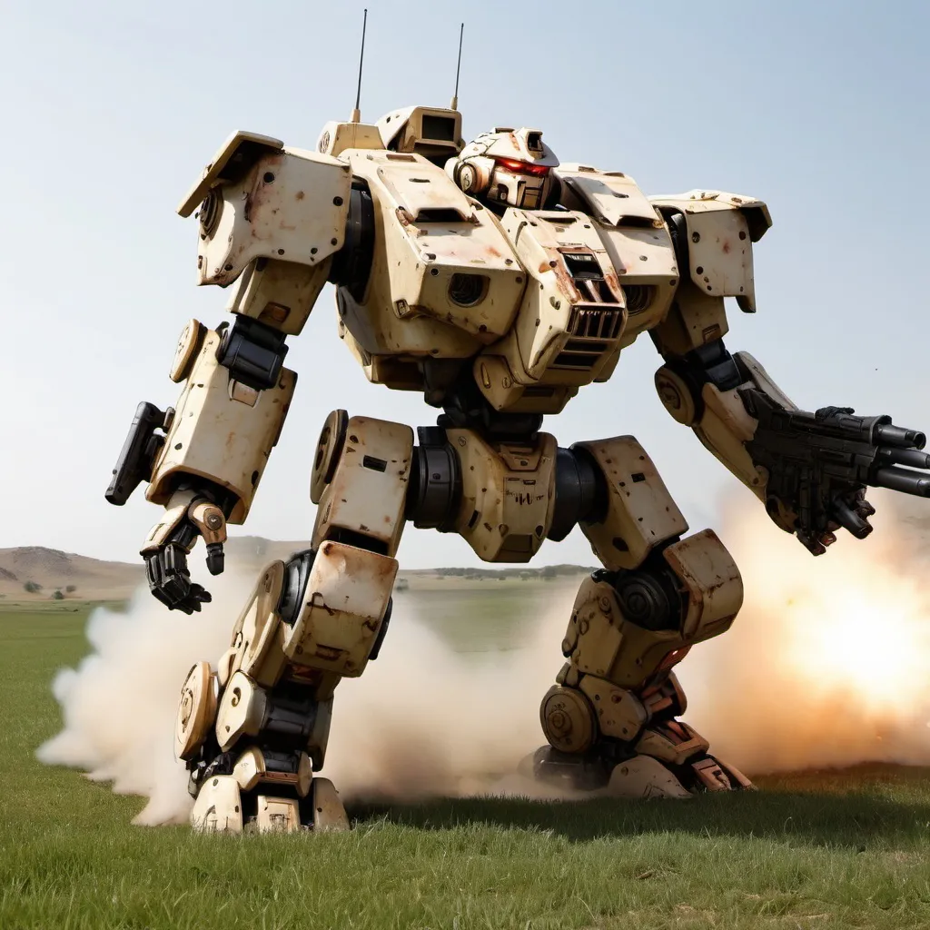 Prompt: Battle mech "Centurion" on the open field, firing into the distance, with heavy battle damage.