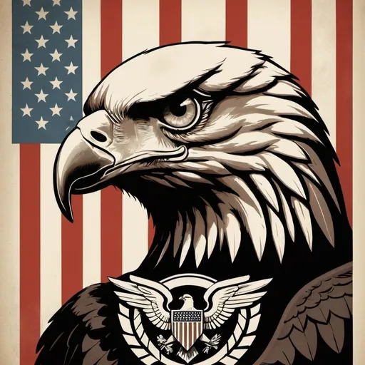 Prompt: Dystopian , poster, 50s, concept art, Imperial eagle Logo, and USA 50's propaganda.


