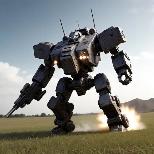 Prompt: Battlemech "Shadow Cat" on the open field, firing into the distance, with heavy battle damage.
